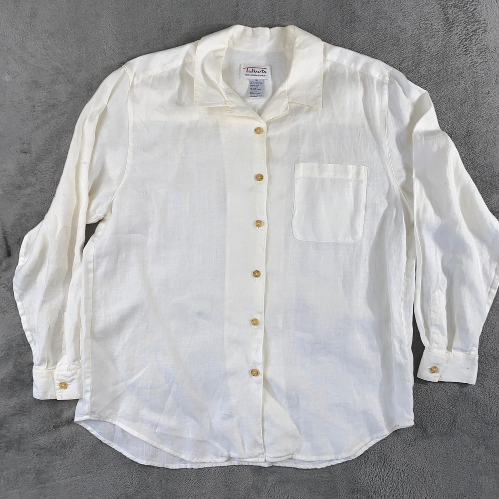 Talbots Linen Shirt Womens 16 Button Down‎ White 100% Irish Long Sleeve Pocket